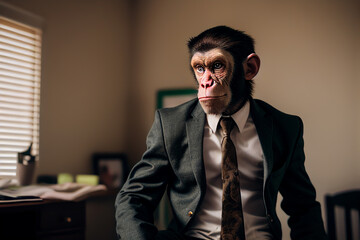 Obraz premium Monkey in jacket in human form. Monkey head in a human body in a business suit, a chimpanzee monkey in the form of a man. Man with a monkey head in a classic elite suit. Generative AI Illustration.
