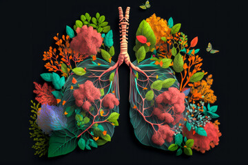 Human lungs covered in greenery, leaves and flowers. Abstract illustration. Health, Respiratory system health concept. Breathing.
