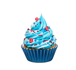 Blue cupcake with red sprinkles isolated on white - 580157024