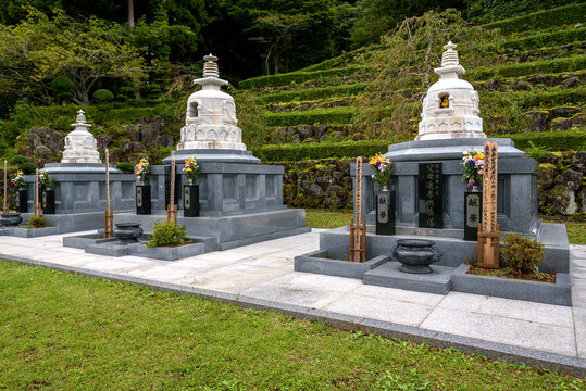 GOTEMBA, JAPAN- September 24, 2017: Three historic Buddhist stupas on the grounds of Gotenba Peace Park in Gotenba, Shizuoka Prefecture, Japan