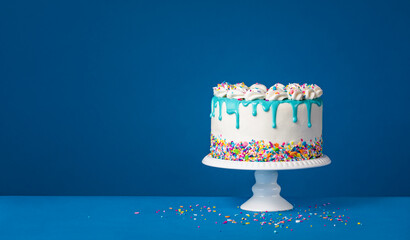 White birthday drip cake with teal ganache over dark blue background - 580157460
