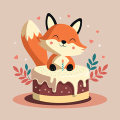 Happy Birthday greeting card. Cute little fox with birthday cake. Flat illustration for greeting card or party invitation.