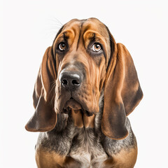 Cute nice dog breed bloodhound with big ears isolated on white close-up, beautiful pet	 - obrazy, fototapety, plakaty