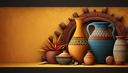 Handmade clay pots and vases banner with copy space, orange historic pottery background, generative ai - obrazy, fototapety, plakaty
