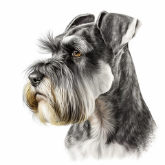 Beautiful bearded dog breed miniature schnauzer portrait isolated on white close-up, lovely home pet