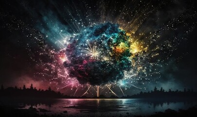 Obraz na płótnie Canvas a colorful fireworks display in the night sky over a lake. generative ai