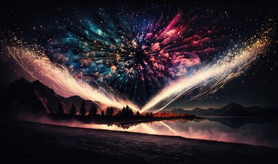  a colorful fireworks is lit up the night sky over a lake.  generative ai