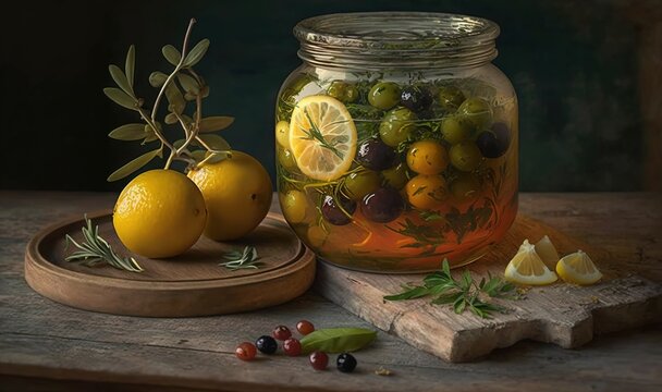  a painting of a jar of lemons and olives.  generative ai