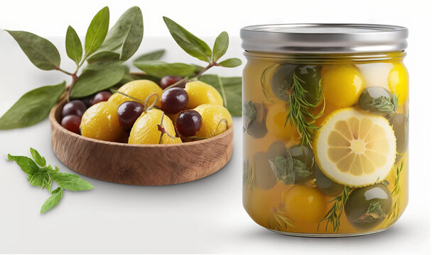  a glass jar filled with lemons and olives next to a wooden bowl of cherries.  generative ai