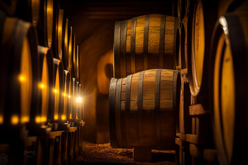 Wine barrels in a old wine cellar. Grape barrels in wine storage. Wooden oak barrels with whiskey in storage. Vintage Wine in an old barrel. Storage of whiskey . Barrel storage of rum, Ai Generative - obrazy, fototapety, plakaty