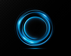 Magic portals on the night scene. Blue round holograms with rays of light and sparkles. Glowing futuristic teleport tunnel with copy space on black background.