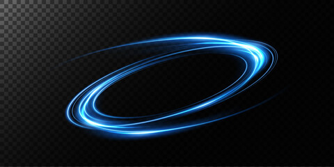 Magic portals on the night scene. Blue round holograms with rays of light and sparkles. Glowing futuristic teleport tunnel with copy space on black background.