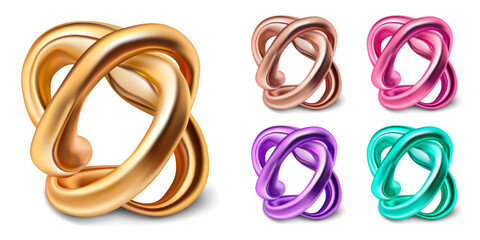 Set of 3d shapes as a twisted colored knots with a shadow on a white background