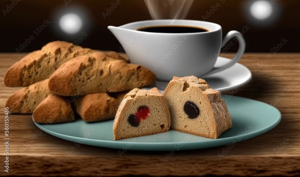 Poster  a blue plate topped with pastries next to a cup of coffee.  generative ai