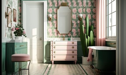  a bathroom with a pink vanity and a green bathtub.  generative ai