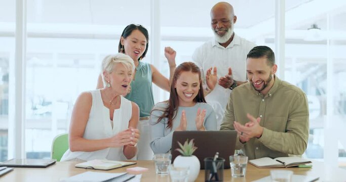 Business people on laptop with high five, success and applause for target, sales and startup website launch in office diversity. Yes, goals and achievement hand sign of worker in teamwork celebration