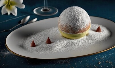  a plate topped with a dessert covered in powdered sugar.  generative ai