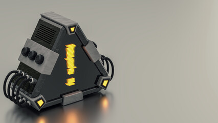 3D rendering of futristic technological style device with yellow alert hologram on the display, with copy space.