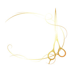 Golden scissors and a beautiful frame of curls of hair. Design for a beauty salon