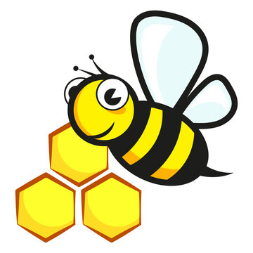 Cheerful cartoon bee and honeycombs with honey