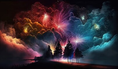 Fototapeta na wymiar a painting of fireworks in the sky above a lake and trees. generative ai