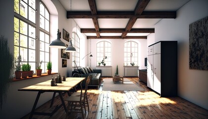 Interior of hipster loft, german flat in old building, rustic design with off white walls, classical furniture and wooden decor, AI generative