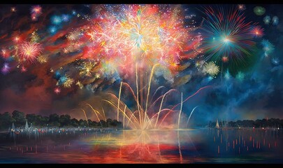  a painting of fireworks over a lake with a sky filled with clouds.  generative ai