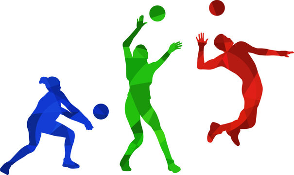Set of silhouettes of volleyball players on white background. Isolated vector colored images. Abstract blue, green and red vector image of sportsmen.