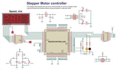 Schematic diagram of electronic device.
Vector drawing electrical circuit with button, resistor, motor, microcontroller, lcd display
and other electronic components.