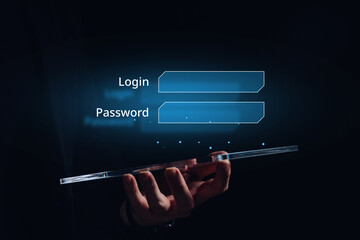 Security concept and holographic bars with password and login. The person is holding a tablet.