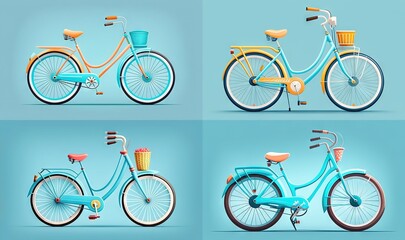 Obraz premium four different views of a blue bicycle with a basket and handlebars. generative ai