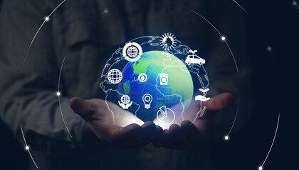 save planet in Hands, Concept day earth, Save the world, save environment, Eco friendly, green company culture concept. Carbon neutral and net zero target. Environment and business