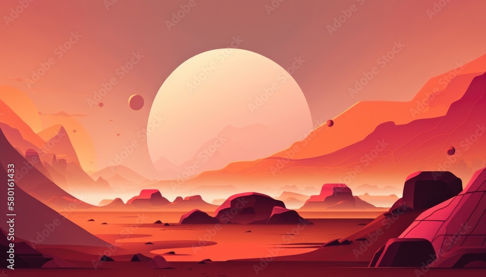 Wall mural sunrise in the desert, mars flat illustration, detailed landscape, red and orange color, big moon, a