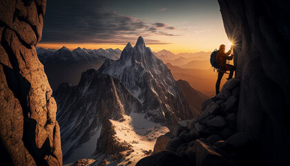 climber on the slope of the cliff watching the picturesque sunset/sunrise over the mountains, ai generated