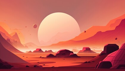 sunrise in the desert, Mars flat illustration, detailed landscape, red and orange color, big moon, AI 