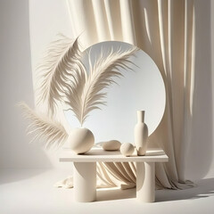 Empty modern, minimal and luxury cream dressing table top, vase of pampas, round mirror, curtain in white wall bedroom with sunlight and leaf shadow for beauty, cosmetic product display background