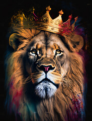 Abstract painting concept. Colorful art of a lion with a crown. Animals