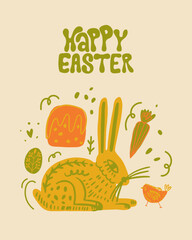 Groovy easter postcard. Easter Elements and Happy easter lettering. Groovy, hippie, retro aesthetic. Perfect for wall art, packaging, merch.