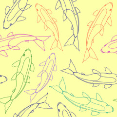 Seamless background with linear stylized drawing of Koi fish. Vector colorful contour fish. Endless pattern with fish