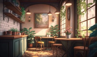 Fototapeta na wymiar a painting of a kitchen with a table, chairs and potted plants. generative ai