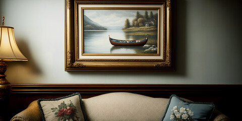 Fancy Picture Frame, Formal Family Living Room Wall Decor, Canoe Nature Forest Framed Photo, Wooden Gold Border White Outline, Cozy Curvy Comfy Couch, Luxury Embroidered Pillows, Lounge Home Interior 