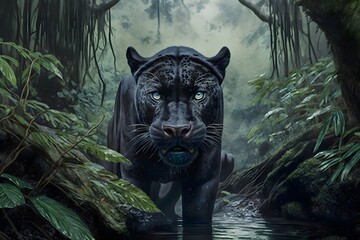 Black Panther hunting in a jungle | Ai Generated animal illustrations/backgrounds/wallpapers |