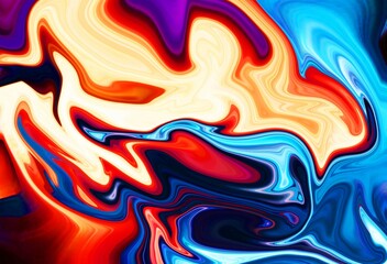 Hand Painted Background With Mixed Liquid Blue, Yellow And Red Paints. Abstract Fluid Acrylic Painting. Marbled Colorful Abstract Background. Liquid Marble Pattern.
