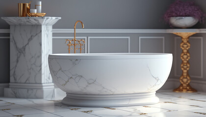 Naklejka na ściany i meble Realistic 3D render a blank empty marble table top for products mock up in modern luxury bathroom with classic vintage bathtub and golden faucets set in background. Mosaic wall tiles, Copy space