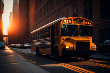 Fototapeta na wymiar School bus in New York on road streen in Manhattan. Student transportation to classroom. Usa school bus in yellow, ai generative illustration