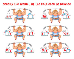 Fototapeta premium Math puzzle. Specify the weight of the kettlebell to balance. Educational game for children. Choose correct answer. Colorful cartoon characters. Funny vector illustration. Isolated white background