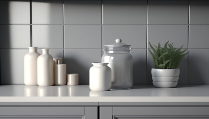 Fototapeta na wymiar Realistic 3D render close up blank empty space countertop in modern grey build in kitchen cabinet set for household products display with white ceramic wall tiles in background. Sunlight, utensils
