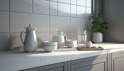 Obraz na płótnie Canvas Realistic 3D render close up blank empty space countertop in modern grey build in kitchen cabinet set for household products display with white ceramic wall tiles in background. Sunlight, utensils
