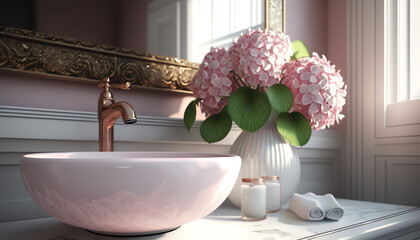 Realistic 3D render close up top view elegant bathroom vanity countertop with white ceramic wash basin and faucet, beautiful pink hydrangea. Morning sunlight, Blank space for beauty product display