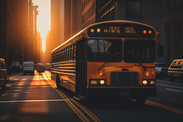 Plakat School bus in New York on road streen in Manhattan. Student transportation to classroom. Usa school bus in yellow, ai generative illustration